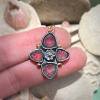 Etruscan-style Amulet with Blue/Pink Tourmaline Slices and Poppy Pod